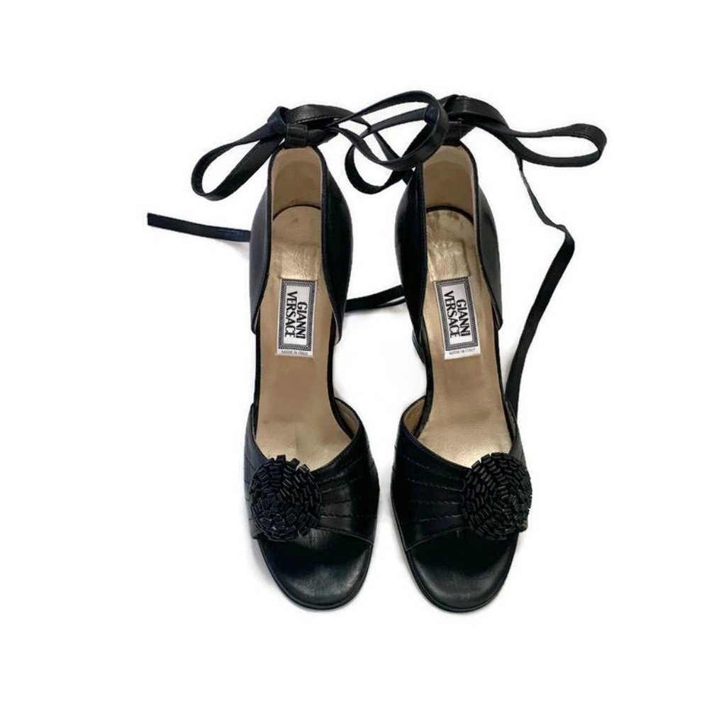 Gianni Versace Vintage Leather Pewter Wedge Heels